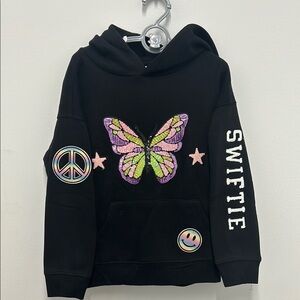 Swiftly Black Hoodie with Butterfly and Peace Sign Patches